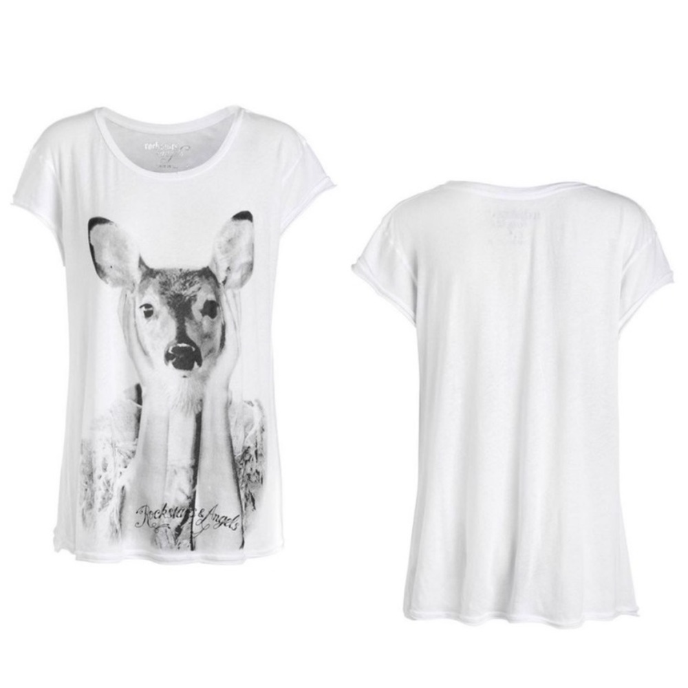 Rockstars & Angels Bambi Tee Shirt Top Angel Cut Weiss Damen